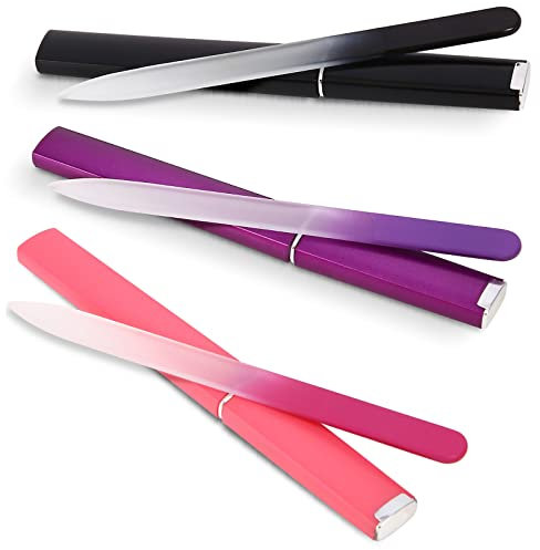 Paquete de 3 limas de uñas de cristal con funda, lima de uñas de cristal para uñas naturales, herramienta de manicura profesional, lima de vidrio checo grabada de doble cara suave cuidado de uñas