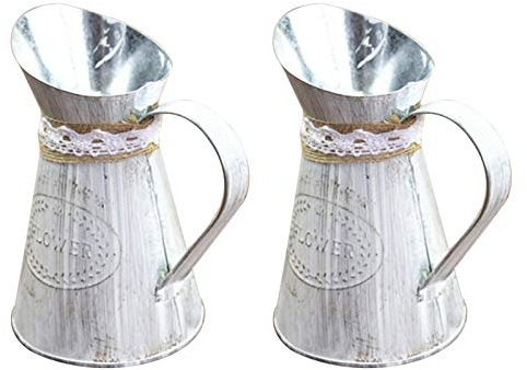 æ— 2 x Metallkrug im Shabby-Chic-Stil, Vintage-Blumentopf, Metall-Blumenvase, Gießkanne mit Griff, Vintage-Vase, Metallkrug, Blumenvase für Zuhause, Garten, Dekoration