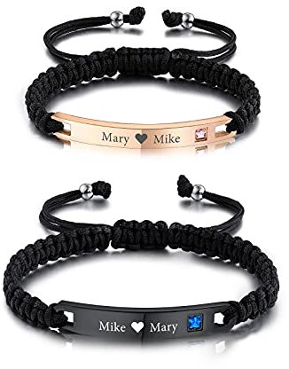 INBLUE Pulseras de Cuerda Trenzada Personalizadas con Placa Grabada de Acero Inoxidable Piedras Natales Pulseras Ajustables Hechas a Mano Regalos para Mujeres Hombres Parejas Amistad Familias