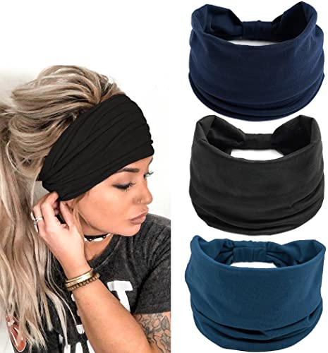 Generse Breite Stirnbänder, schwarz, Boho-Haarband, Yoga, Schweißband, Turban, elastische Stirnbänder für Damen und Mädchen, 3 Stück (A)