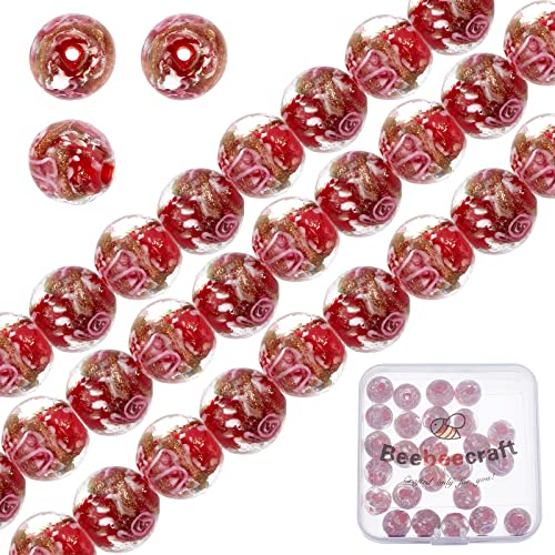 Beebeecraft - 30 Pieza de Cuentas de Cristal de Murano de 12.(079) in, Arena Dorada, Cuentas Espaciadoras Sueltas Redondas con Incrustaciones de Flores para Hacer Pulseras, Collares, Rosarios (Rojo)