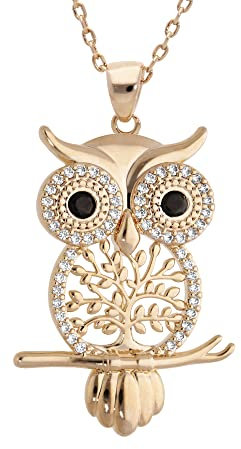 1001 Bijoux Collier plaqué or hibou - chouette Arbre de Vie et oxydes sertis blancs et yeux noirs 39+4cm + écrin (offert)