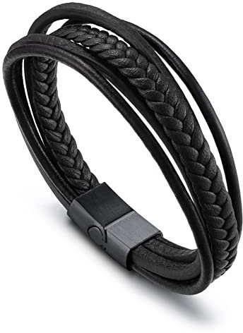 Bandmax Schwarzes Armband Herren Lederarmband Wickelarmband Länge 21 CM Geflochtenes Armband Freundschaftsarmband Manschette Armband Pärchen Armband Schmuck für Jungen