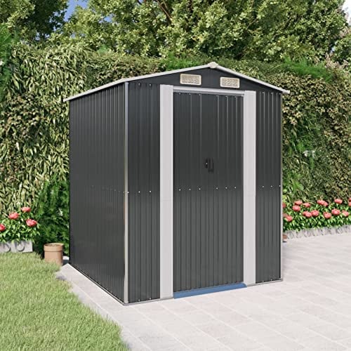 Homgoday Geräteschuppen Gerätehaus Garten Schuppen Gartenhaus mit Satteldach Metall Gerätehaus Geräteschrank für Garten Outdoor Anthrazit 192x191x223 cm Verzinkter Stahl