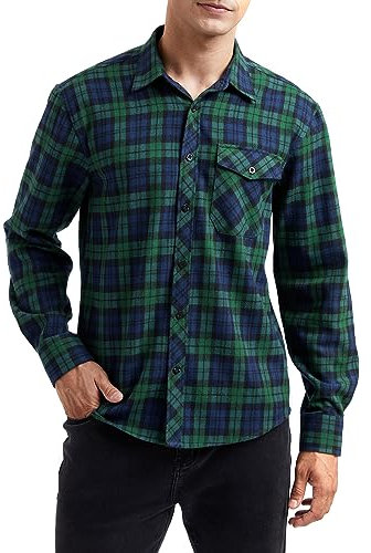 HISDERN Men's Long Sleeve Shirt Checked Flannel Shirts Casual Plaid Button Down Shirt with Pocket for Men Regular Fit Blue/Green XL