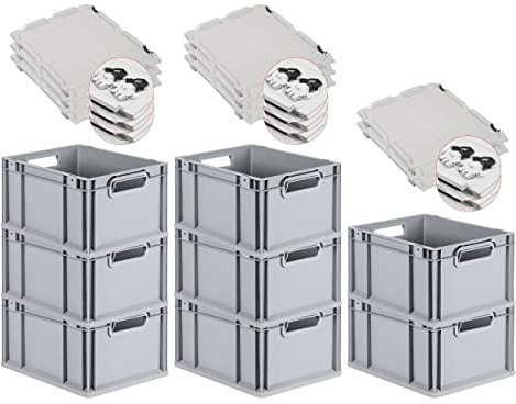 PROREGAL SuperSparSet 8x Eurobox NextGen Grip mit Scharnierdeckel und schwarzen Schiebeschnappverschlüssen, HxBxT 22x30x40cm, 20 L, Grau, Griffe offen, Eurobehälter, Transportbox