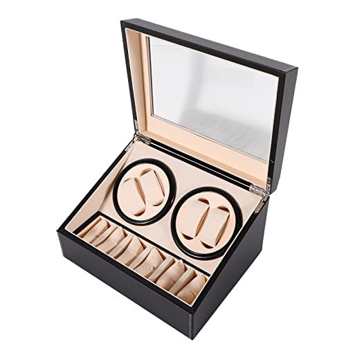 Uhrenbox, Automatische Uhrenbeweger Box, 4+6 Uhrenbeweger, PU-Leder Uhrengehäuse mit Netzteil, Automatisch Rotierende Anzeige, Uhr Winder Speicher Vitrine Box Schwarz
