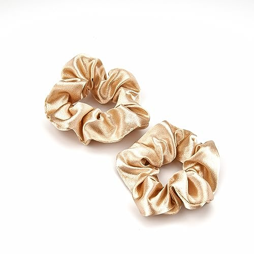 Scrunchies Haargummi Damen, 2 Stück Weiche Seide Haargummis Mädchen, Premium Satin Invisibobble Scrunchie, Haargummi Scrunchies für Lange Feine Oder Dicke Lockige Haare Mädchen (Champagner Gold)