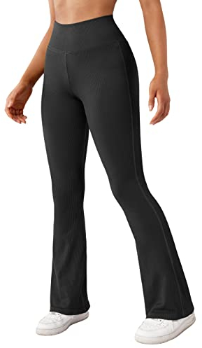 RXRXCOCO Damen Schlaghose Yoga Hose Flared Leggings Bootcut Hose High Waisted Gerippte Lang Sporthose Laufhose Schwarz M