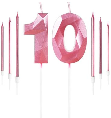 Girls Pink 10th Birthday Candles Set, Number 10 Candle with Girls Pink Long Candles, Birthday Candles for Cake, Birthday Candle, Cake Candles Cake Topper Decorations for Women Birthday Party Wedding