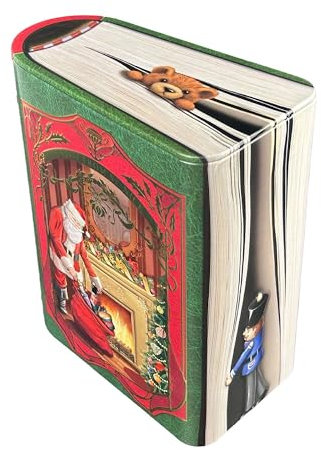 MediMuc Kleine Buchdose St. Nick rot/grün - nostalgische Dose aufwändig geprägt und bedruckt - Santa packt Geschenke aus - Keksdose, Blechdose - Vol. 1,75l - (L x B x H): 15,2 x 17,5x 8,8cm