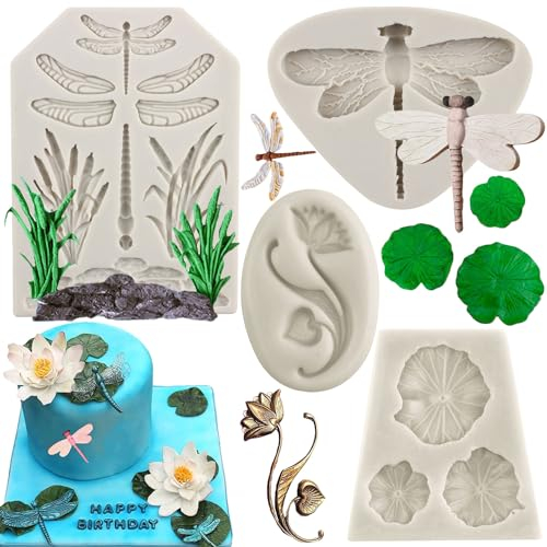 MYPRACS Lot De 4 Moules En Silicone Libellule En Forme De Feuille De Lotus Fondant Nénuphar Moule En Silicone Fleur De Lotus Pour Décoration De Gâteaux Chocolat Bonbons Argile Polymère Pâte De Gomme