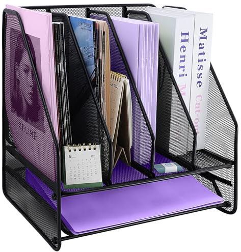 HMXLJJY Organiseur de bureau en maille avec tiroir coulissant, bac à courrier en papier avec 4 sections, porte-documents, porte-revues en métal pour fournitures de bureau