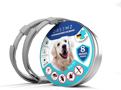 DREEMZ ® Zeckenhalsband für Hunde - Flohhalsband hundeFlohschutz Halsband für Hunde – Zeckenhalsband - 100% Natürlich - Schutzhalsband gegen Flöhe - 8 Monate Schutz - 63cm verstellbar (2 Einheiten)