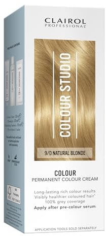 Clairol Colour Studio Permanent Colour Cream | Hair Dye | Long-lasting Rich Tones | 100% Grey Coverage | Dermatologically Tested Vegan Formula | Hair Colouring Kit | Natural Blonde 9/0 I 50ml