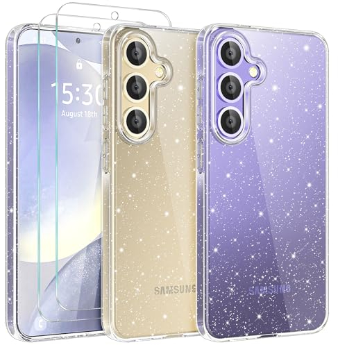 YIRSUR Glitzer Hülle für Samsung Galaxy S24 5G mit 2 Stück Glasfolie, Transparent Handyhülle Bling Weiche TPU Silikon Stoßfest Schutzhülle für Frauen und Mädchen, Durchsichtig