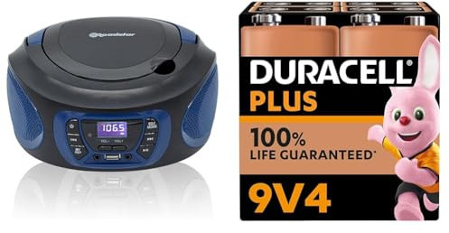 RoadstarCDR-365U/BLTragbarerRadio-CD-SpielerDigitalFMPLL,Boombox-CD-Spieler,CD-R,CD-RW,CD-MP3,USB-Anschluss,Stereo,AUX-IN,Kopfhörerausgang,Schwarz/Blau + Duracell Plus 9V Blockbatterie, 4 Stück, 9 Vol