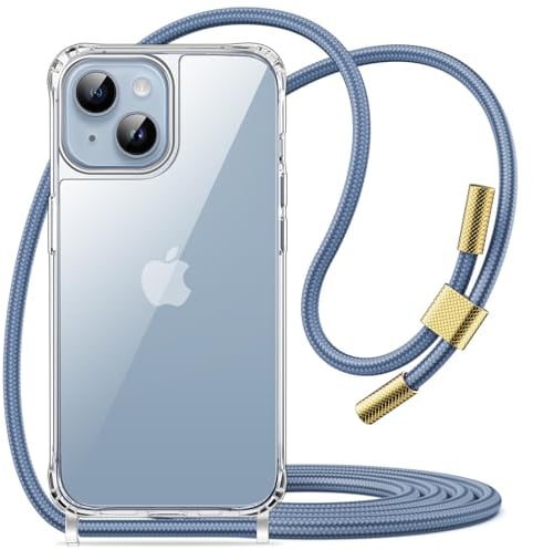 JETech Crossbody Case for iPhone 14 6.1-Inch with Adjustable Lanyard Strap, Clear Transparent Anti-Yellowing Shockproof Protective Phone Cover with Neck Cord (Blue)