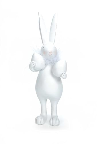 Bubble Store Osterhase mit Federboa und 2 Ostereiern, Hase für Indoor und Outdoor geeignet, Dekofigur weiß aus Polyresin, (H) ca. 24 cm