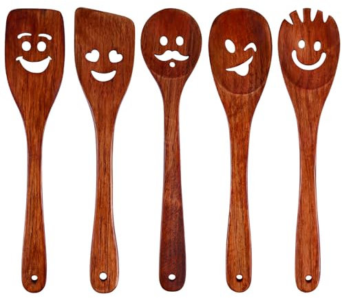 HANSGO 5PCS Wooden Spatula Set, 12 Inch Cast Scraper, Cute Face Expression Cooking Utensils