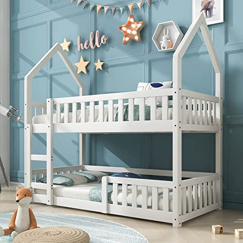 3FT Bunk Bed with Ladder and Guard Rail, Castle-shaped Cabin Beds, Twin Sleeper Wood House Bunk Bed, 190x90 cm Solid Pine Wood Bed Gaming Bed Wooden Bed Frame for Kids Boys Girls Children, White