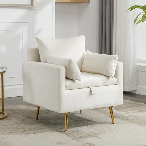 Merax Moderner, minimalistischer Samtstuhl, Sessel, Ottomane mit Stauraum, Dekokissen und Armlehnen-Loungesessel mit goldenen Metallbeinen Beige