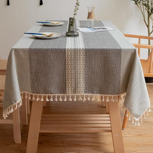 Lifetooler Tischdecke Abwaschbar Leinen Baumwolle Rechteckig Tischtuch Gestreift Design mit Quasten Tischdecke Wasserdicht für Outdoor Garten und Home Küche Dekoration (Grau,140x300cm)