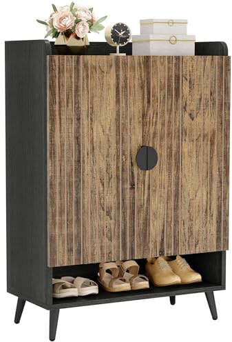 LITTLE TREE Schuhschrank mit Türen und verstellbaren Regalen, 7-stöckig, modern, freistehend, Aufbewahrungs-Organizer für Eingangsbereich, Wohnzimmer, Schlafzimmer, Wohnungen Braun + Schwarz