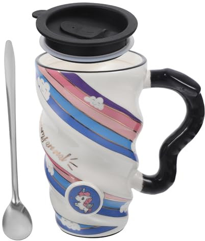 Hoement Taza De Cerámica Unicornio Con Tapa Para Café y Té Como Para Adultos Cumpleaños y Fiestas Diseño y Encantador Utensilio Reutilizable y Fácil De Limpiar