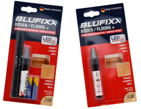 BLUFIXX-Pro Bundle für Laminat, Vinyl und Parkett Buche Hellbraun - PRO-EDITION 2024 - Reparaturkleber mit lichthärtendem Gel und LED Licht, Repariert Kerben, Kratzer und Dellen