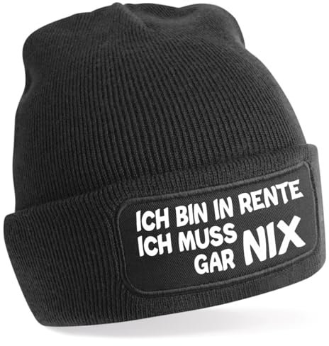 One Size Beanie, Mütze mit Spruch: Ich Bin in Rente, Ich muss gar NIX, schwarz oder beige (DE/NL/SE/PL, Alphanumerisch, Einheitsgröße, Mütze schwarz)