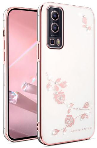BORYA Coque pour Vivo Y72 5G / Vivo Y52 5G, Très Mince Antichoc Transparent Souple TPU Silicone Housse, Élégant Galvanoplastie Luxe Pétillant Diamant Fleurs Étui, Rose