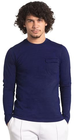 Enorsia Mens Long Sleeve Indigo Washed T-Shirt with Soft Cotton Crew Neck with Chest Pocket, Lightweight & Stylish Regular Fit for Versatile Wardrobe Essentials (M, Blue)