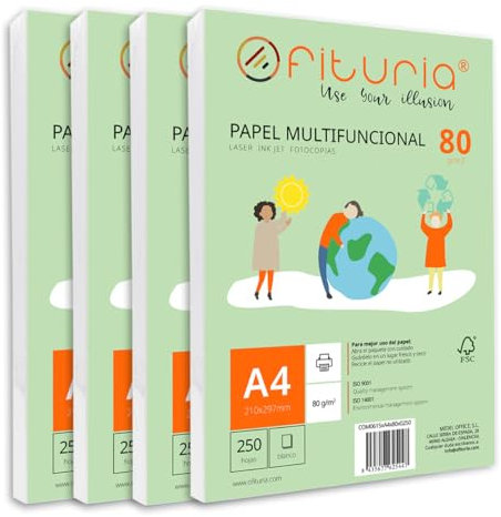 Packung mit 1000 weißen DIN A4 Blättern, 80g Druckerpapier. Multifunktionales Kopierpapier für Schule und Büro. Ideal für Laserdrucker, Tintenstrahldrucker oder Kopierer – Ofituria
