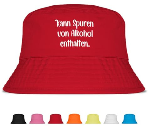Kann Spuren von Alkohol enthalten - Lustiger Fischerhut – Der perfekte Sonnenhut für Herren & Damen – Ideal als Malle-Outfit, Party-Accessoire & Festival-Eimerhut für den Strand | Farbe Rot