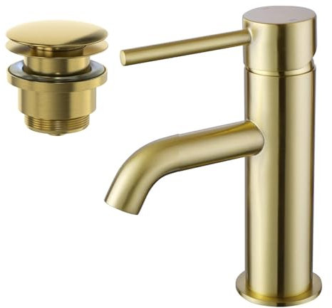 Architeckt® Boden Bathroom Cloakroom Basin Sink Mixer Tap and Waste Set Deck Mounted Round Single Lever Handle Modern, Brushed Brass