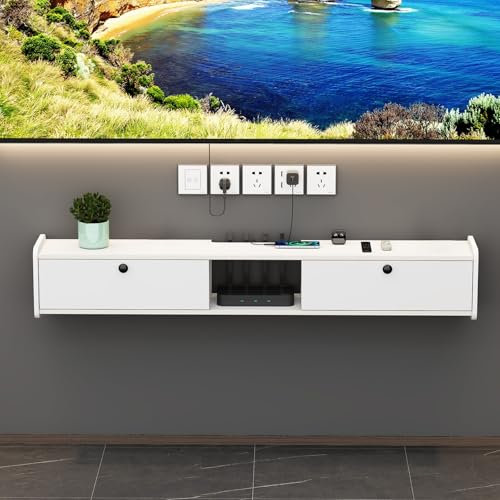 GLMGBP White Wall Mounted Small TV Cabinet Set-top Box Shelf Router Storage Rack Floating TV Unit Media Wall Storage Cabinet(140x23x23cm)