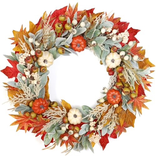 Weldomcor 55cm Großer Türkranz Herbst, Herbstkranz Herbst Dekoration mit Ahornblätter Kürbis Beeren Türkranz Außen Herbstdeko für Innen Zuhause Haustür Tisch Wand Fenster Party Hochzeit Garten