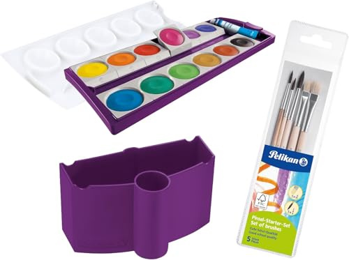 Pelikan Wasserbox mit Pinselhalter, Malbecher für K12 und K24, Violett - Komplett Set