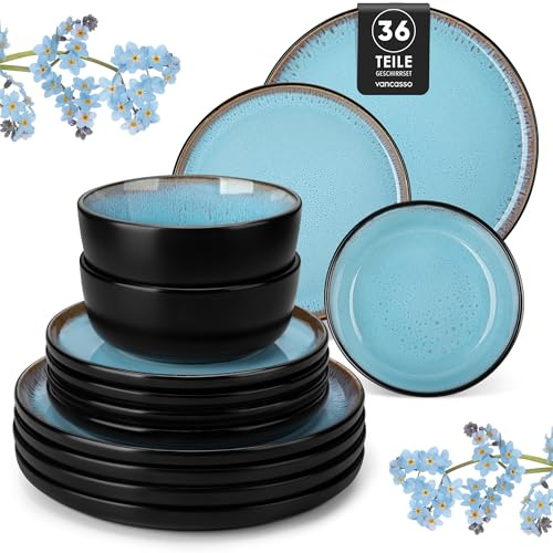 vancasso Serie AMBER Vajillas Completas 12 Personas, Vajilla 36 Piezas de Gres - 12 Platos Llanos, 12 Platos de Postre y 12 Cuencos de Cereales - Apto para Microondas, Esmalte Reactivo Azul