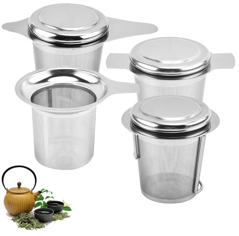 Lot de 4 passoires à thé en vrac : passoire à thé pour tasse en acier inoxydable pour tasse avec couvercle et poignées, filtre à thé pour thé en vrac, infuseur à thé pour tasses et théières, infuseur