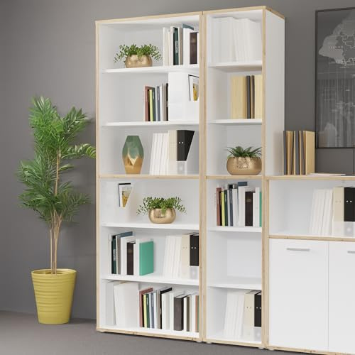 Forte KEFLAVIK Bücherregal 40 50, modernes Büroregal mit 5 Einlegeböden, Holzwerkstoff, Artisan Eiche Holzdekor | Weiß, 44,8 cm breit x 226,5 cm hoch x 41,5 cm tief