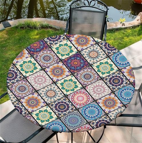 Outdoor Runde Tischdecke mit Gummizug Ø 36in(90cm)- Elastisch Garten tischdecke mit Retro-Blumen Muster,Tische Gartentischdecke für Outdoor Küche Passend für 75-85cm