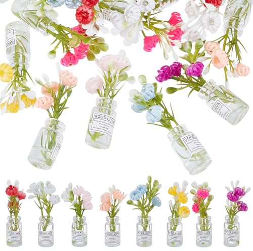 HOBBIESAY 24 Stück Miniatur Puppenhaus Pflanzen Blumen 8 Stile Kleine Vase Im Dunkeln Leuchtendes Glas Vase Mini Blumen Harz Miniaturhaus Hobby Deko Für Kleine Häuser Mikro Landschaft