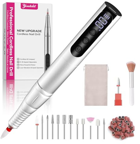Cordless Electric Nail Drill Machine, 13 in 1 Nail File Kit 35000RPM Professional Portable Rechargeable E File with LCD Display, 35 Adjustable Speeds, for Acrylic & Gel Nails, Manicure & Pedicure