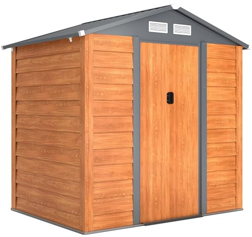 Outsunny Casetta da Giardino 2.68m² in Acciaio Zincato con Fori di Drenaggio Prese d'Aria, Capanno Porta Attrezzi con Tetto Inclinato, Doppie Porte Scorrevoli Bloccabili, Design Effetto Legno, Marrone