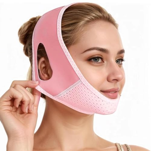 Kinnmaske Doppelkinn Wiederverwendbar, V-förmiges Kinn Gesichtsstraffungsband, Chin Strap, face slimming band, Doppelkinn entferner, Für den täglichen Gebrauch konzipiert, Hellrosa