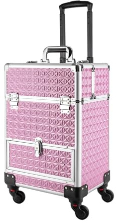 Rolling Makeup & Manicure Storage Case – Aluminum Trolley with 4 Universal Wheels and Built‑in Lock, for Studio or Travel(Pink)