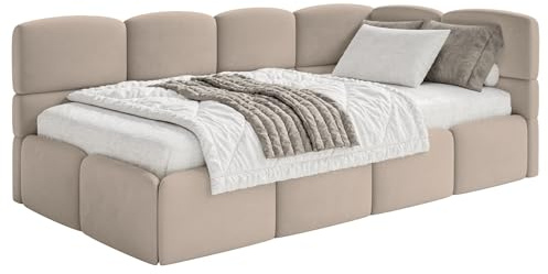 Selsey Jugendbett 120x200cm Beige gepolstert mit Stauraum und Lattenrost, Polsterbett Jugendbett rechtsseitig mit Bettkasten, Kinderbett mit Eckkopfteil, Bett für Jugendzimmer