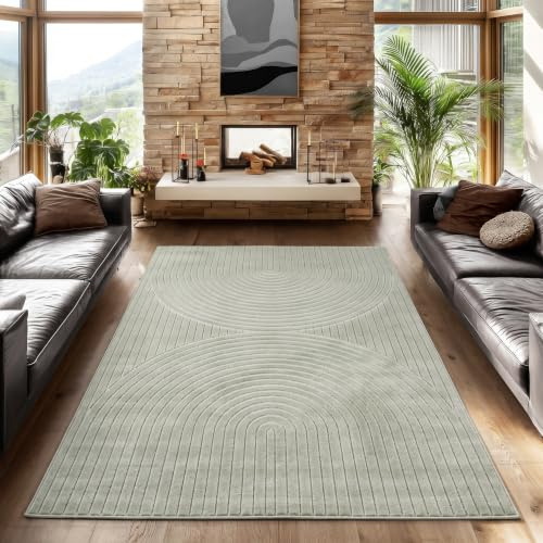 SIMPEX Kurzflor Teppich 200x290 cm Grün Wohnzimmer, Schlafzimmer, Küche, 3D Hoch-Tief-Effekt, Skandinavisch Boho Motiv, für Outdoor Bereich geeignet Terrassen oder im Balkon